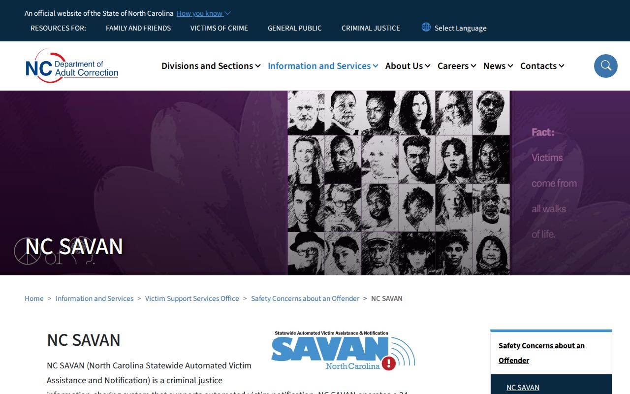 North Carolina SAVAN information page for offender custody notifications