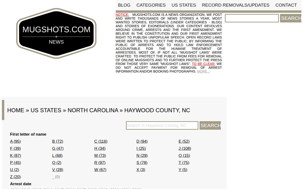 Mugshots.com secondary Haywood County archive